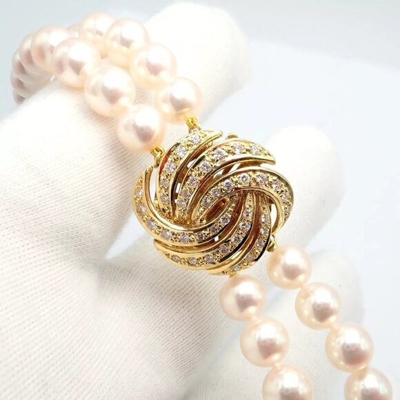 Authentic! Mikimoto 18k Yellow Gold Diamond Double Strand 8mm Pearl Necklace - Picture 9 of 16
